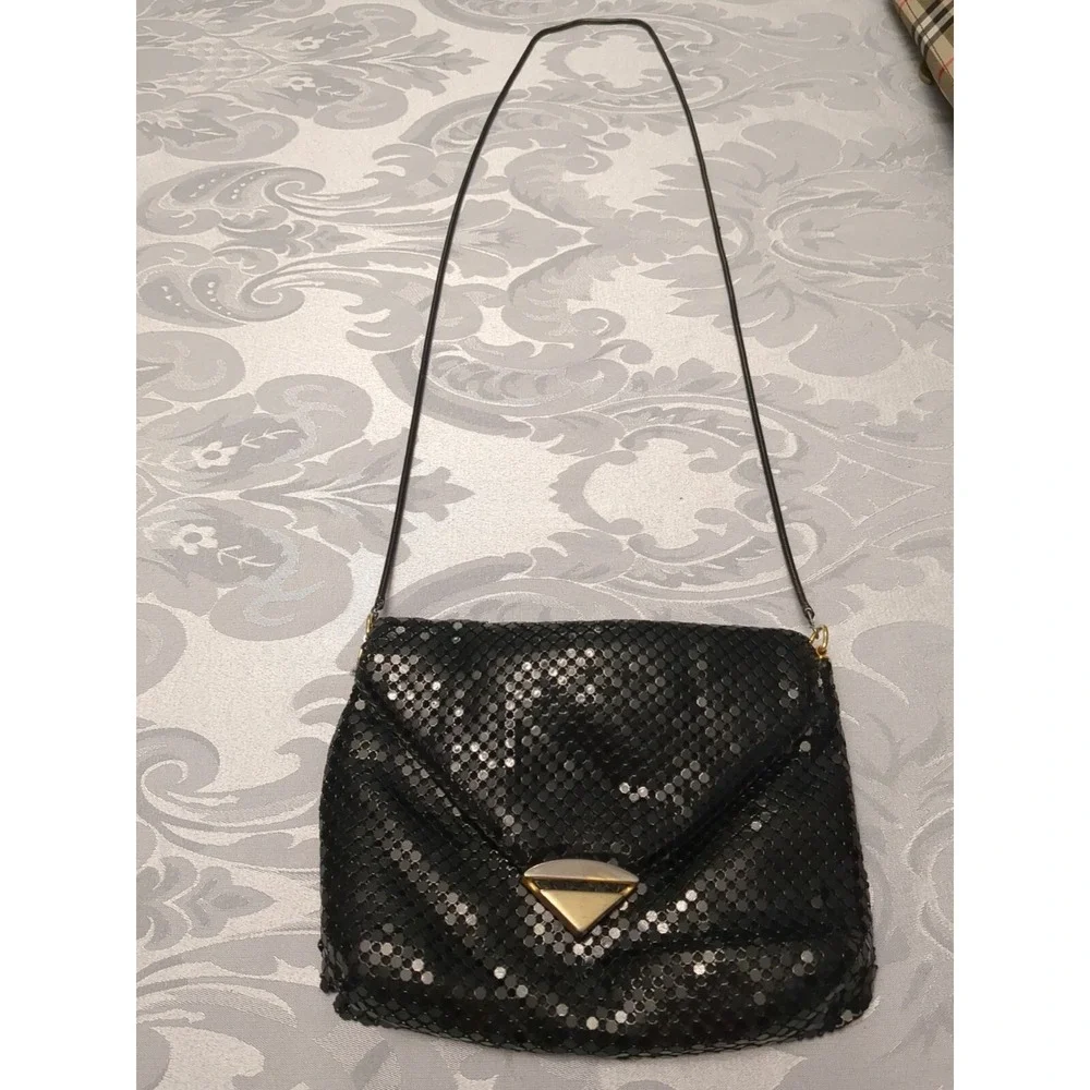 Sparkly Vintage 80s Purse Black Sequin Aluminum Mesh‎ Shoulder Strap Bag Glam